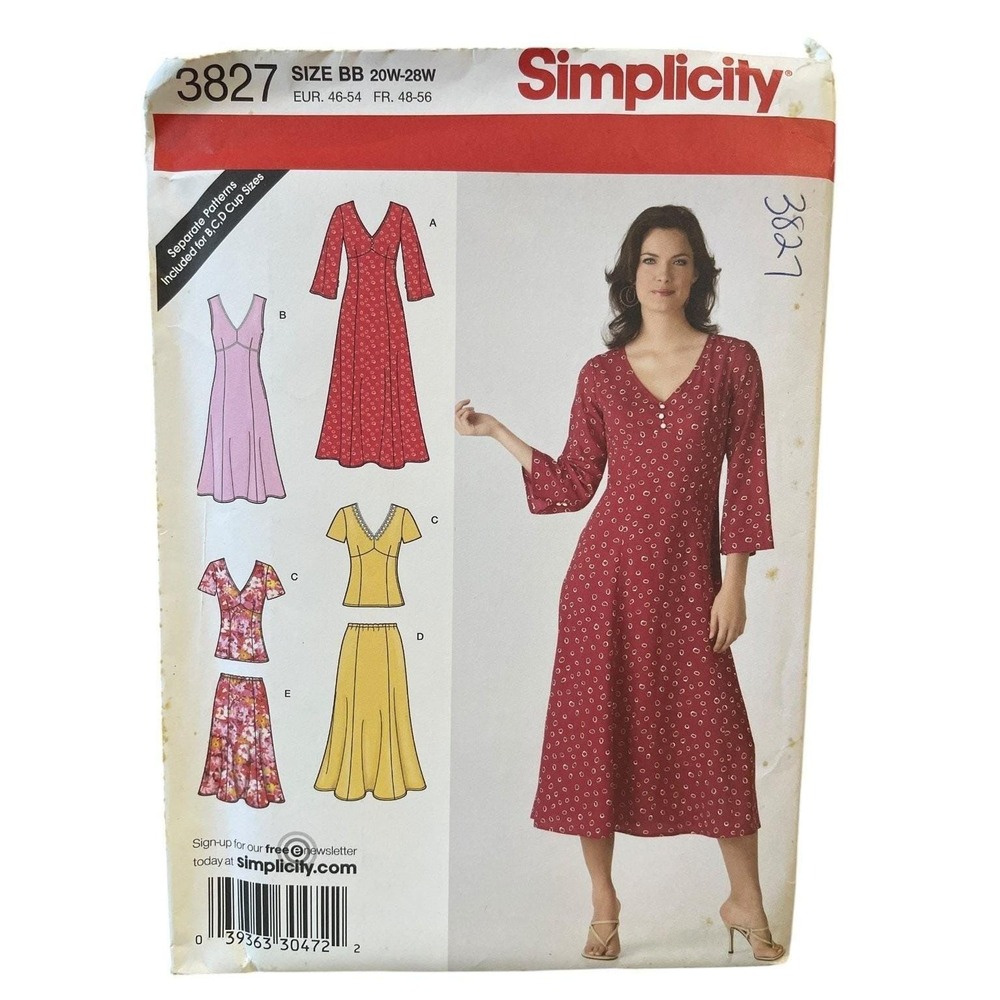 Simplicity 3827 Misses Plus Size Dress Top Skirt Pattern 20W-28W UNCUT FF